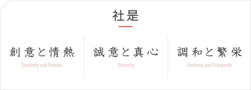 社是　創意と情熱　誠意と真心　調和と繁栄